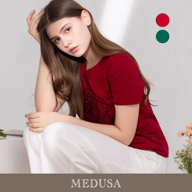 【MEDUSA 曼度莎】現貨-玫瑰花線條刺繡水鑽T恤 - 2色（M-XL）｜短袖T恤 休閒穿搭 休閒上衣