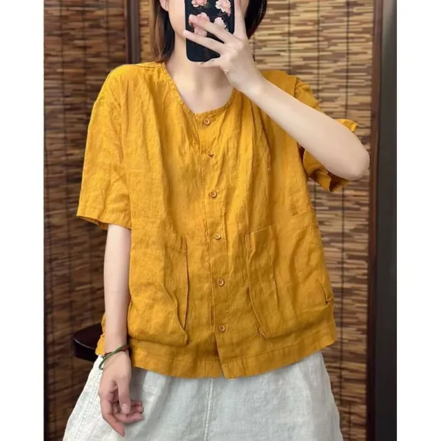 【AKARA】大口袋涼感散熱棉麻圓領短袖襯衫上衣 5色 中大尺碼 M-3XL