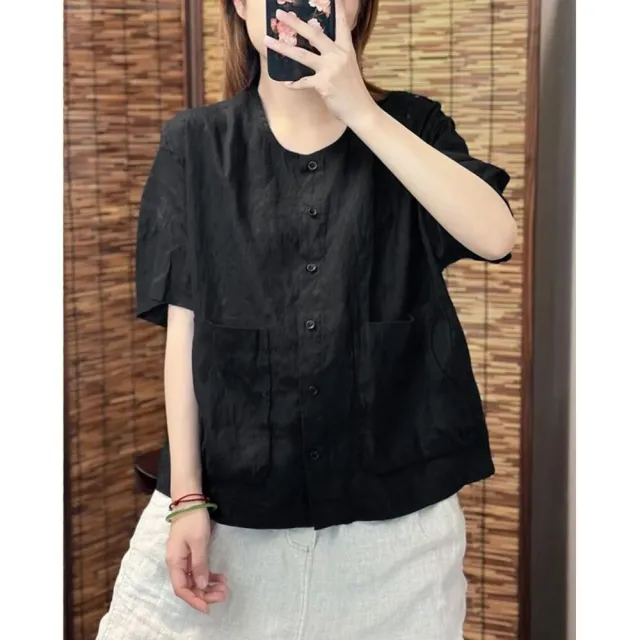 【AKARA】大口袋涼感散熱棉麻圓領短袖襯衫上衣 5色 中大尺碼 M-3XL