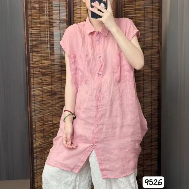 【AKARA】田野村風涼感散熱棉麻加長版短袖上衣 5色 中大尺碼 L-2XL