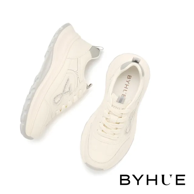 【BYHUE】精緻率性線條燙鑽牛皮綁帶軟芯微Q底厚底休閒鞋(銀)