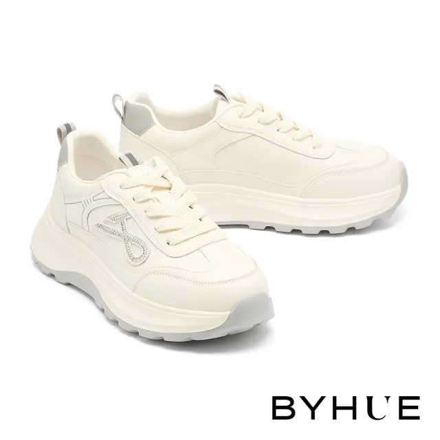 【BYHUE】精緻率性線條燙鑽牛皮綁帶軟芯微Q底厚底休閒鞋(銀)