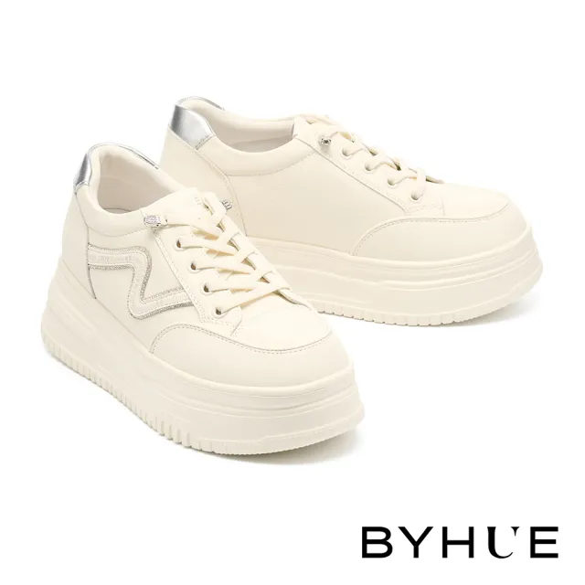 【BYHUE】率性時尚線條燙鑽彈力鞋帶牛皮軟芯厚底休閒鞋(銀)