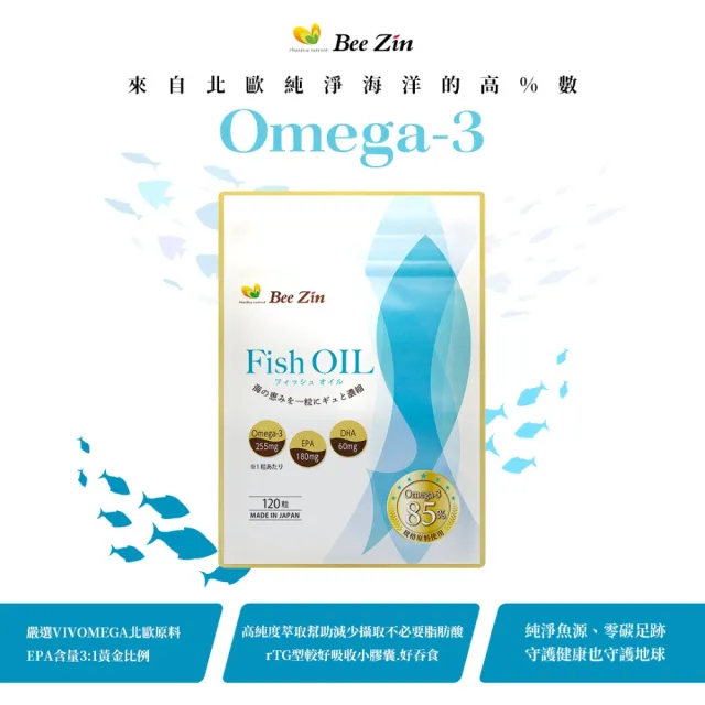 【BeeZin 康萃】日本原裝進口85%高OMEGA3魚油X3(120粒/包)