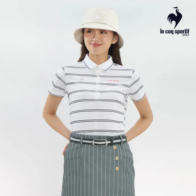 【LE COQ SPORTIF 公雞】高爾夫系列 女款白色立體剪裁涼感防曬短袖條紋POLO衫 QLX2J200