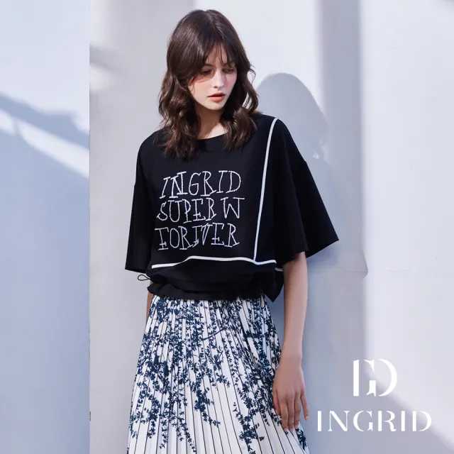 【IGD 英格麗】實體同步款-立體字母刷繡寬版上衣-黑色