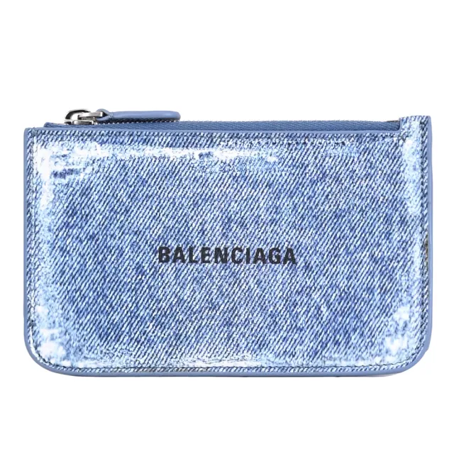 【Balenciaga 巴黎世家】品牌LOGO丹寧紋理Nappa皮信用卡零錢卡包(藍)