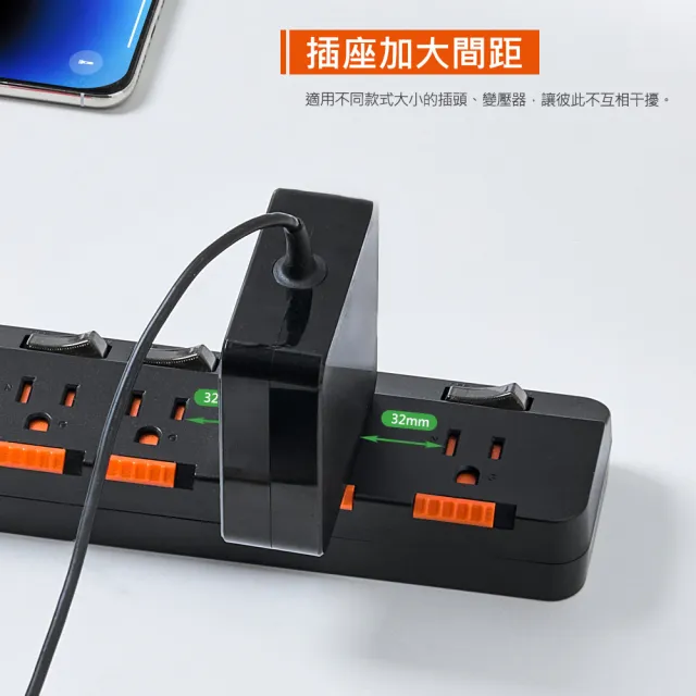 【PowerSync 群加】7開6插防雷防塵大間距延長線/1.8m(2色)
