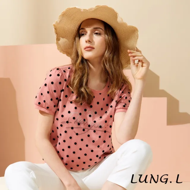 【LUNG.L 林佳樺】LU81A 粉色波點透紗棉質短袖上衣-透氣-顯白