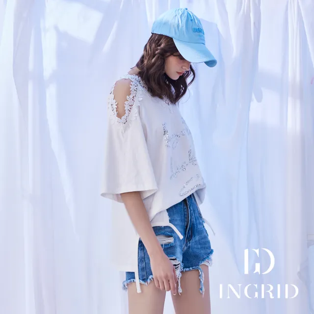 【IGD 英格麗】實體同步款-LUCKY STAR 蕾絲亮片露肩寬版上衣-白色