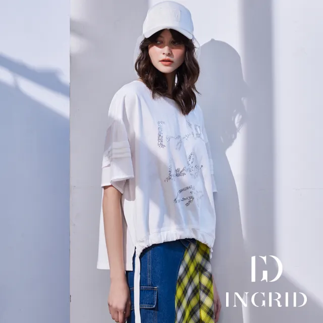【IGD 英格麗】實體同步款-LUCKY STAR亮片圓領綁帶上衣-白色