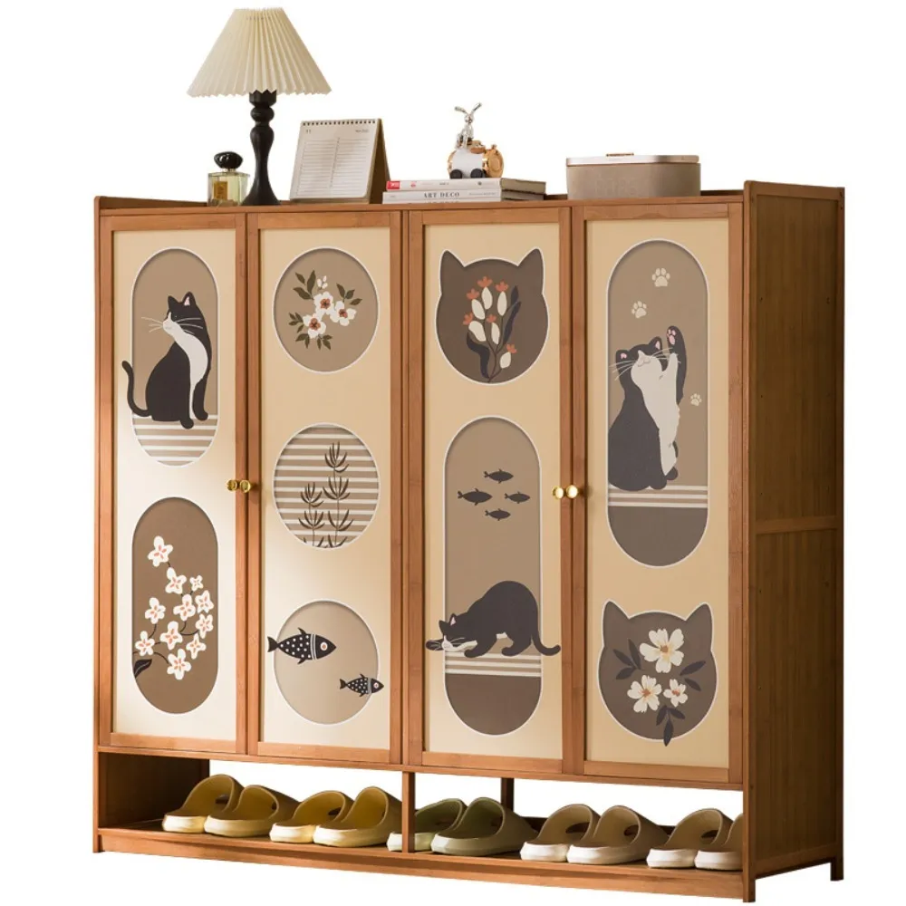 現代簡約防塵多功能鞋櫃（91×32×93cm三門7層/貓咪噴繪/大容量收納）