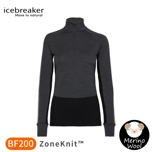 【Icebreaker】女 ZoneKnit 網眼透氣保暖半開襟長袖上衣 BF200《深灰/黑》0A56HC/排汗衣/內層衣