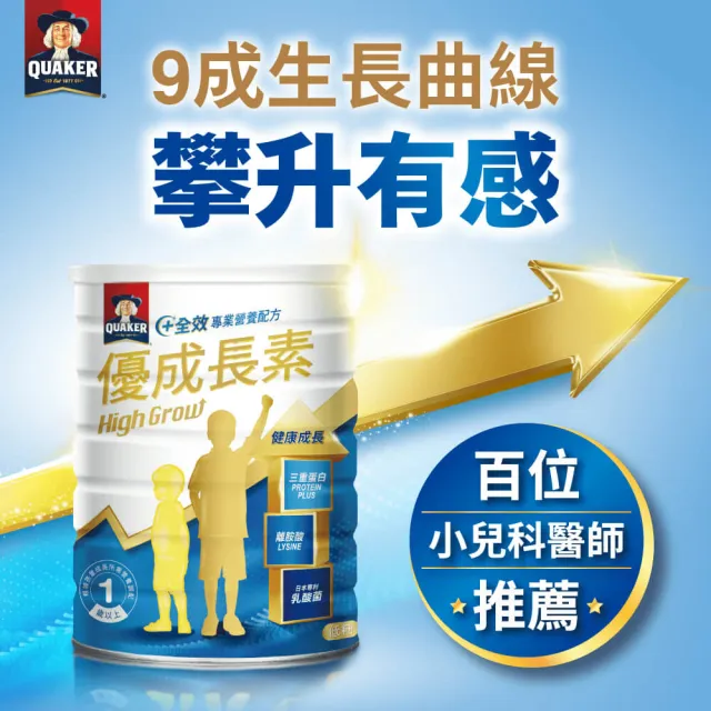 【QUAKER 桂格】優成長素全效營養低糖配方800gx3罐(優質蛋白+維生素K+鈣、DHA幫助學習發育)