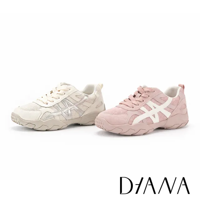 【DIANA】舒適撞色異材質綁帶休閒鞋 粉色
