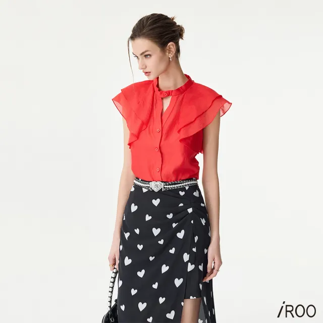 【iROO】鮮辣椒紅荷葉襯衫上衣