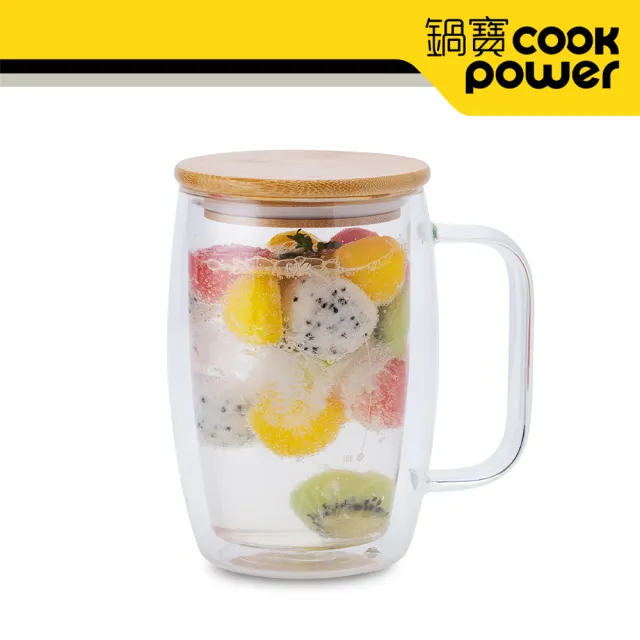 【CookPower 鍋寶_買1送1】高硼硅晶透耐熱雙層玻璃杯500ml(附贈竹製杯蓋)