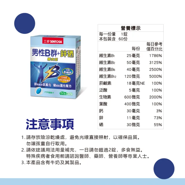 【SENTOSA 三多】男性B群+鋅硒錠(60錠/盒)