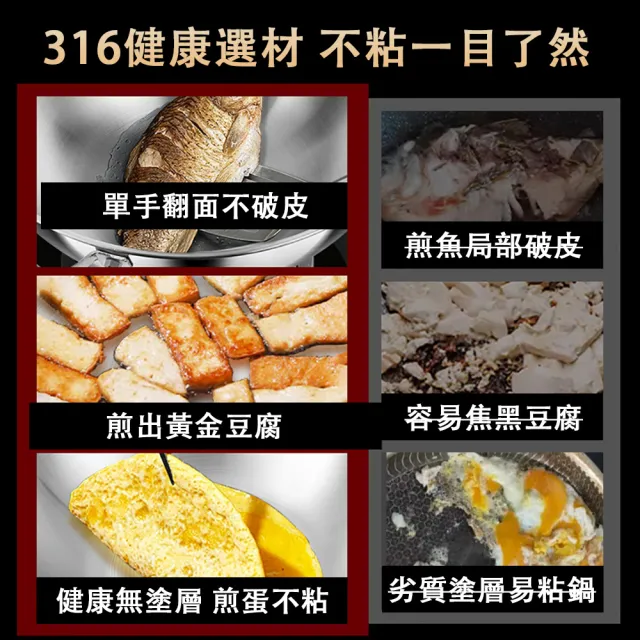 【TAMZU 潭祖】鏗鏘_316不鏽鋼炒鍋 24cm炒菜鍋 家用炒菜煎鍋 不粘小炒鍋 無塗層不粘鍋 燃氣灶電磁爐通用