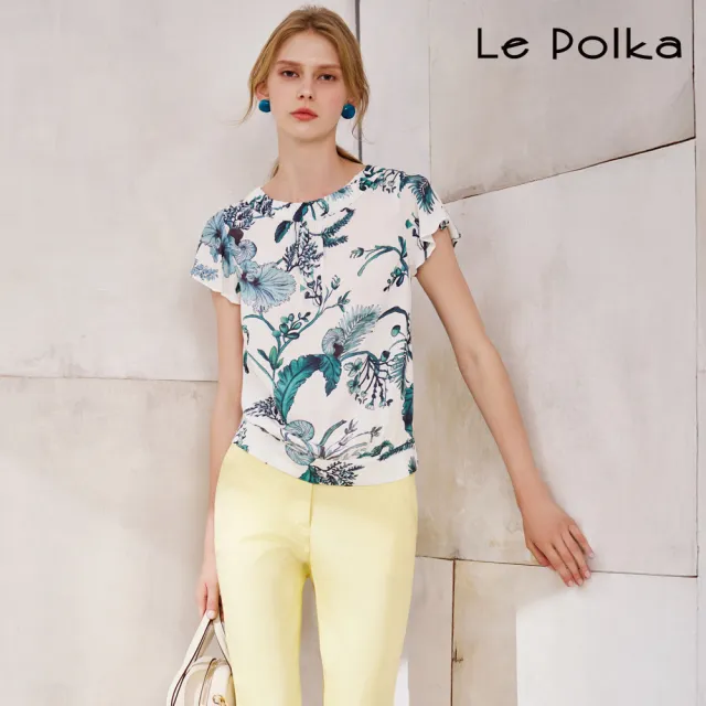 【Le Polka】荷葉蓋袖印花上衣-女