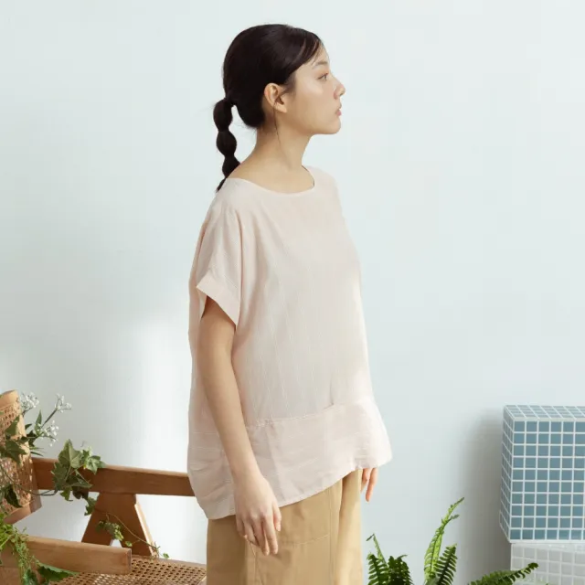 【MOSS CLUB】日本布細條薄材質連袖短袖上衣 黑 米 桔