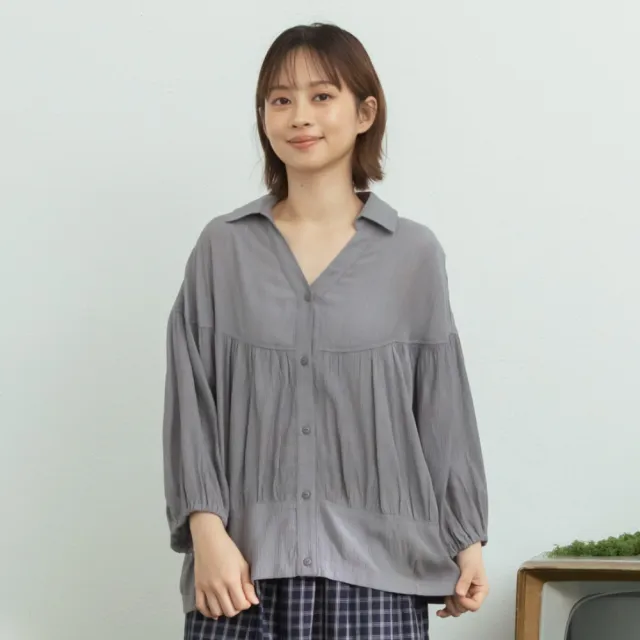 【MOSS CLUB】細褶V領開襟襯衫 白 灰