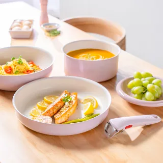 【Tefal 特福】MOMO獨家 巧變精靈系列可拆式不沾鍋3鍋4件組-蜜桃粉(IH爐可用鍋/電磁爐適用/露營好攜帶)