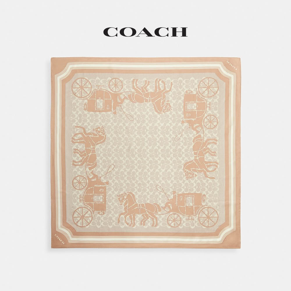 【COACH】蔻馳官方直營 經典 SIGNATURE馬車圖案印花桑蠶絲方圍巾-灰褐色(CAZ44)