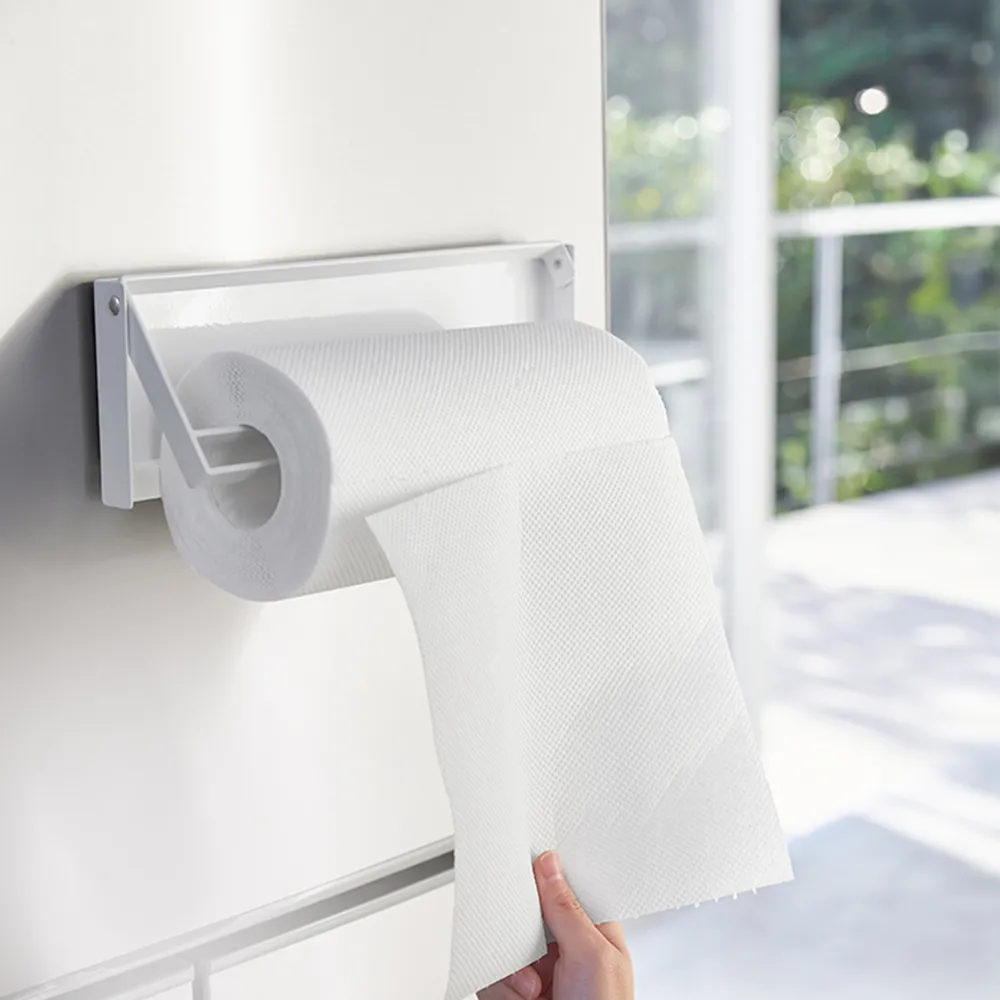 【YAMAZAKI 山崎】tower磁吸式單手撕紙巾架-白(毛巾架/擦手紙架/costco紙巾/磁吸收納/廚房收納/日本山崎)