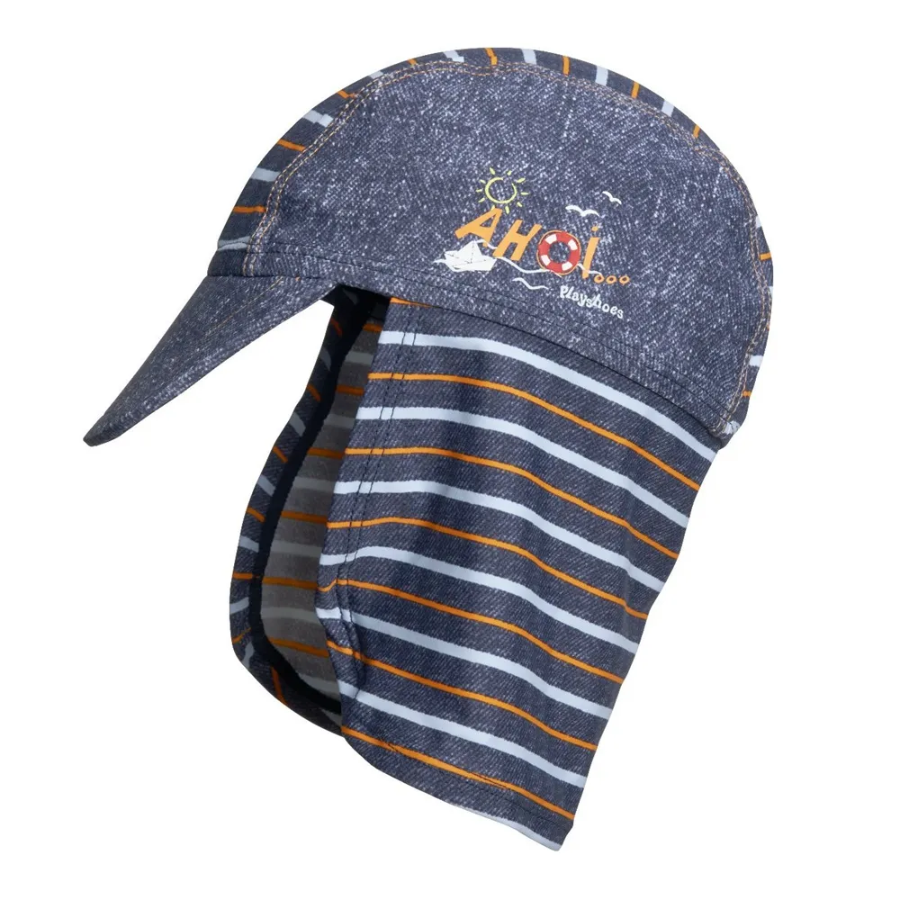 【德國Playshoes】嬰兒童抗UV防曬水陸兩用遮頸帽-丹寧(護頸遮脖遮陽帽泳帽)