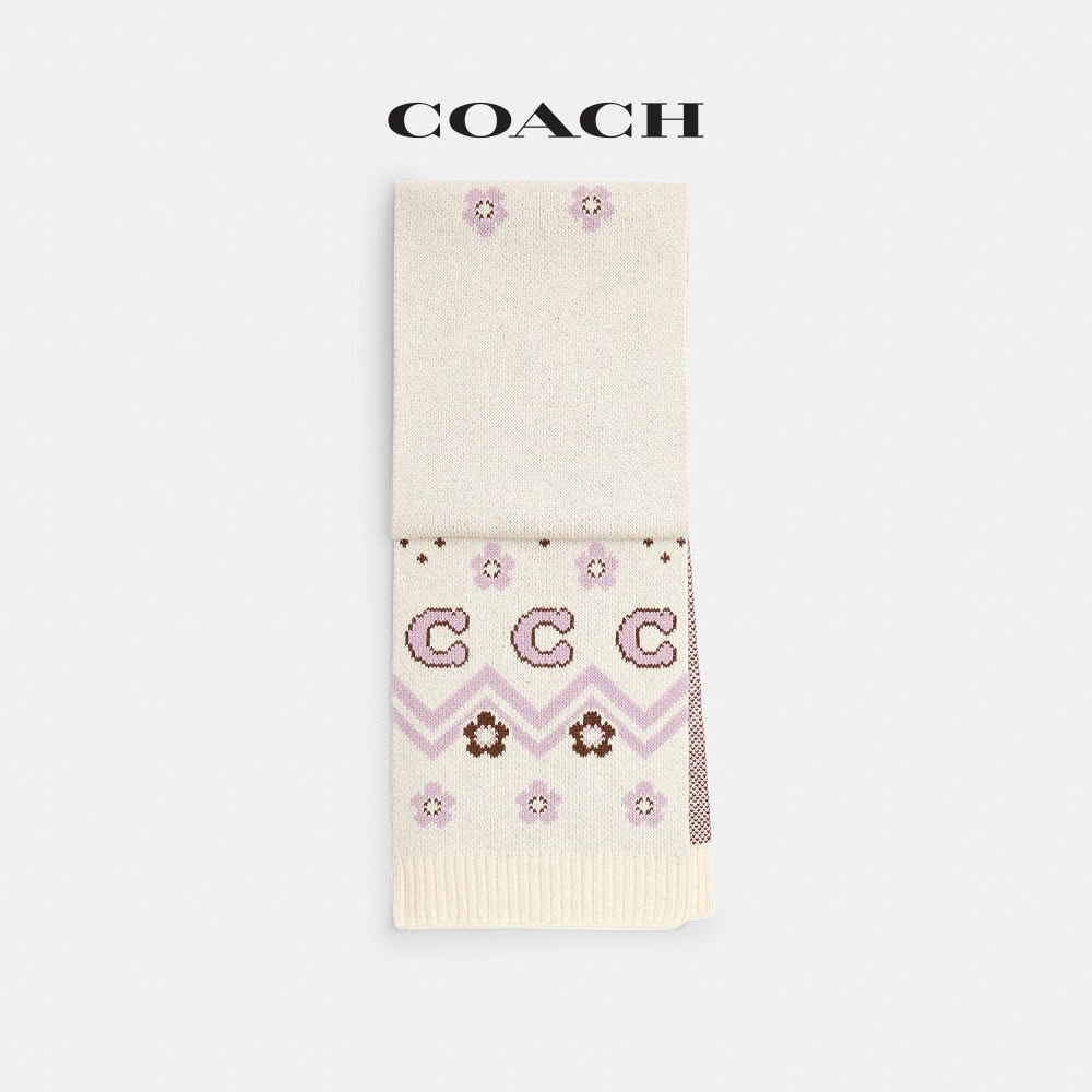 【COACH】蔻馳官方直營 費爾島印花針織圍巾-白堊彩(CCW05)