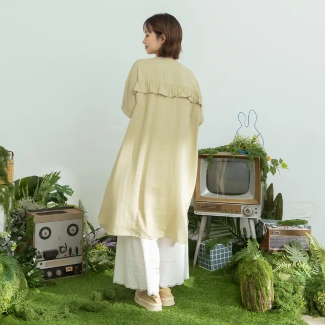 【MOSS CLUB】圓領開襟後拼接荷葉邊襯衫洋裝 黑 綠(魅力商品)