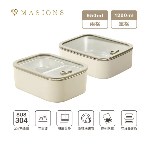 【MASIONS 美心】PLUSH 活悅 可微波頂級不鏽鋼雙層便當盒保鮮盒(1200ml單格/950ml兩格)