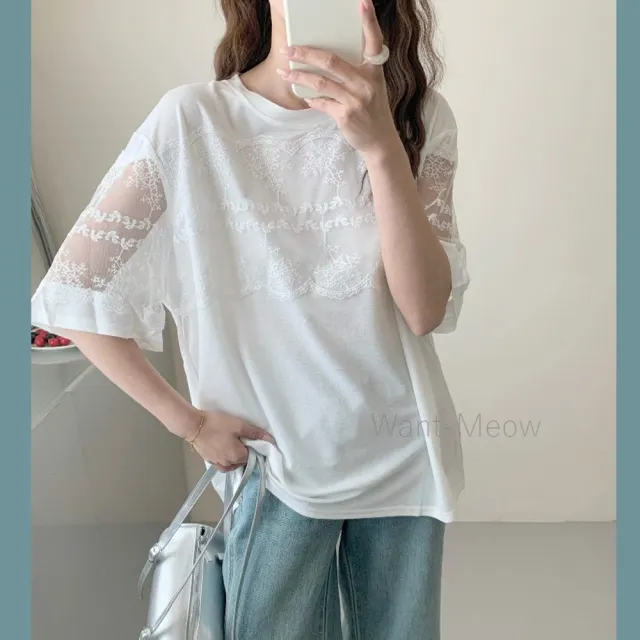 【Want-Meow】90公斤可穿/獨家百搭日系胸拼接蕾絲圓領上衣大學T短袖T(大碼上衣/大碼/大尺碼/短袖上衣)