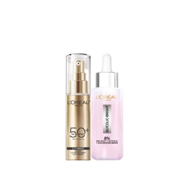【L’OREAL Paris 巴黎萊雅】淨亮白MELA淡斑精華30ml+多效防護美肌乳30ml(淡斑/麥拉色鏈/防曬)