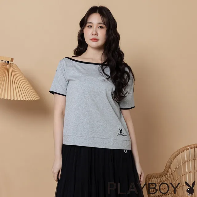 【PLAYBOY】露肩撞色滾邊涼感上衣 - 麻灰色