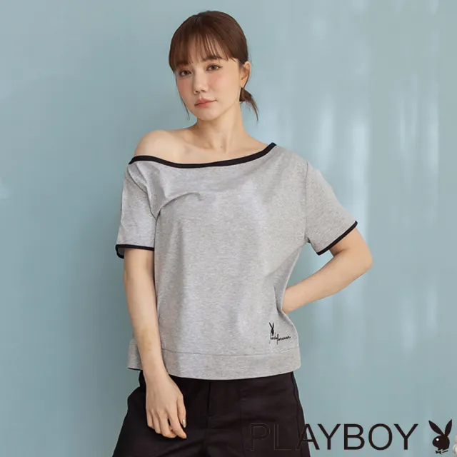 【PLAYBOY】露肩撞色滾邊涼感上衣 - 麻灰色