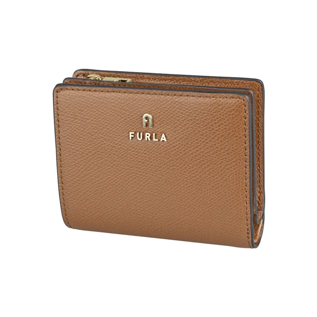 【FURLA 芙拉】FURLA Camelia雷雕鍍金字LOGO小牛皮4卡按釦式零錢短夾(白蘭地棕)