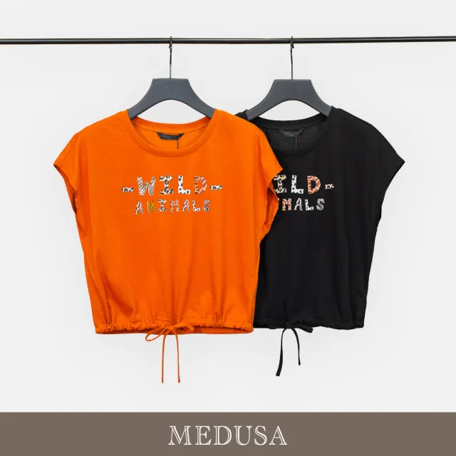 【MEDUSA 曼度莎】現貨-Wild 豹紋字母抽繩短版T恤 - 2色（M-L）｜蠶絲混紡 短版T恤 休閒上衣