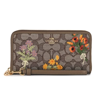 【COACH】經典C LOGO花卉刺繡手挽帶多卡長夾(咖啡色)