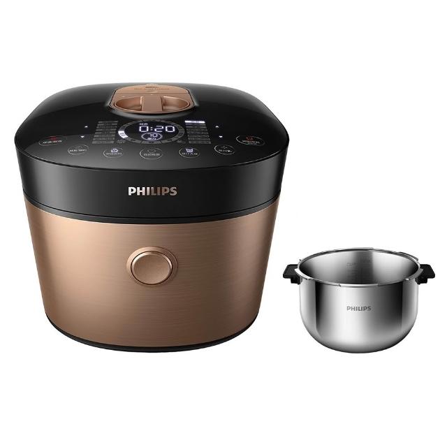  PHILIPS 飛利浦 HD2195 電子鍋，專為大家庭設計的 10 人份容量電子鍋，金色系外觀時尚耐用。採用不粘塗層合金內鍋，易潔不沾鍋，附贈蒸架、飯勺、湯勺、量杯及食譜等多樣配件。功率 1200~1400W，110V/60Hz 適用臺灣電壓，尺寸 33.5x28.5x28.5cm，重量 10.15kg，產地中國，BSMI 認證 R3D904，享有 2 年保固。適合蒸煮飯菜，操作簡單，是現代家庭的理想廚房夥伴。 