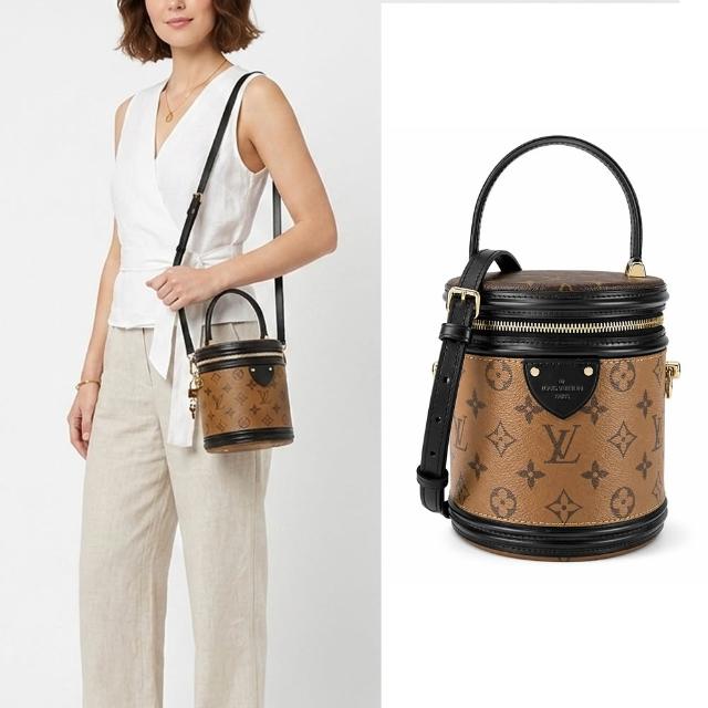 【Louis Vuitton 路易威登】M43986 新款CANNES Monogram帆布印花牛皮飾邊復古圓筒/兩用包(棕)