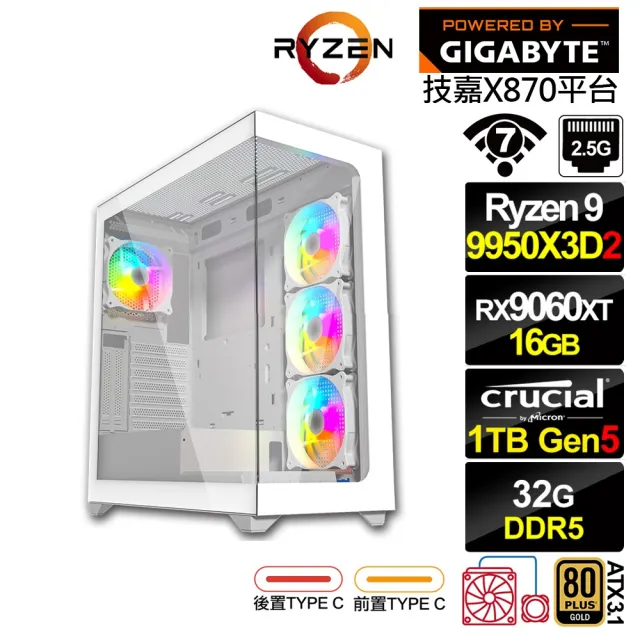 【技嘉平台】R9十六核RX 9060 XT 16G{BHCM64L01}水冷電競電腦(R9 9950X3D2/X870/32G D5/1TB/WIFI)