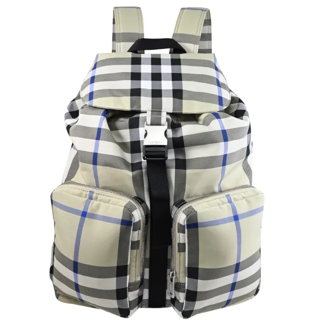 【BURBERRY 巴寶莉】Check 英系經典格紋拼接雙口袋翻蓋抽繩旅用包後背包(灰綠)