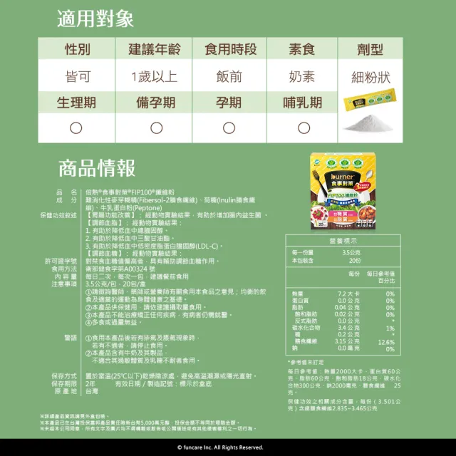 【funcare 船井生醫】倍熱 食事對策FIP100纖維粉(20包/盒)X2  (健康食品三功效、大餐.外食必備/膳食纖維)