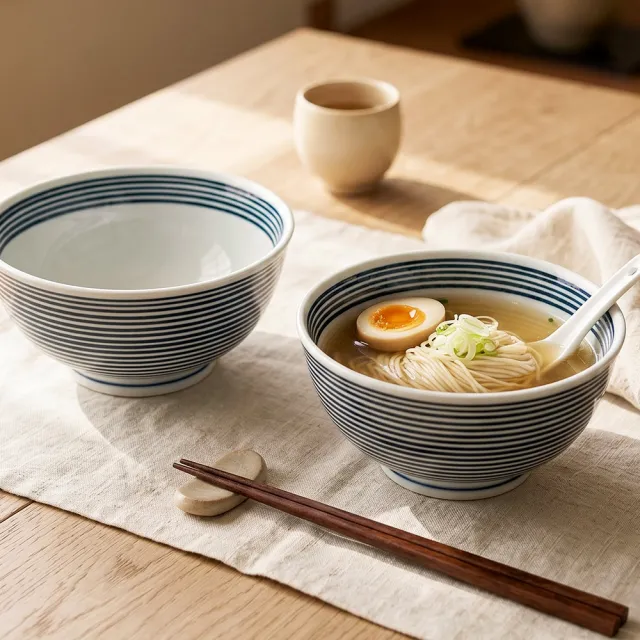 【Just Home】日本製輕量瓷藍線條6.5吋麵碗850ml-2件組(可微波 泡麵碗 湯碗 碗公)