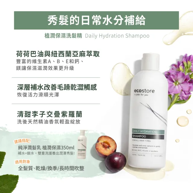 【ecostore 宜可誠】純淨洗髮精350ml(無色素香精-抗敏認證/植潤保濕/極潤修護/豐盈澎潤)
