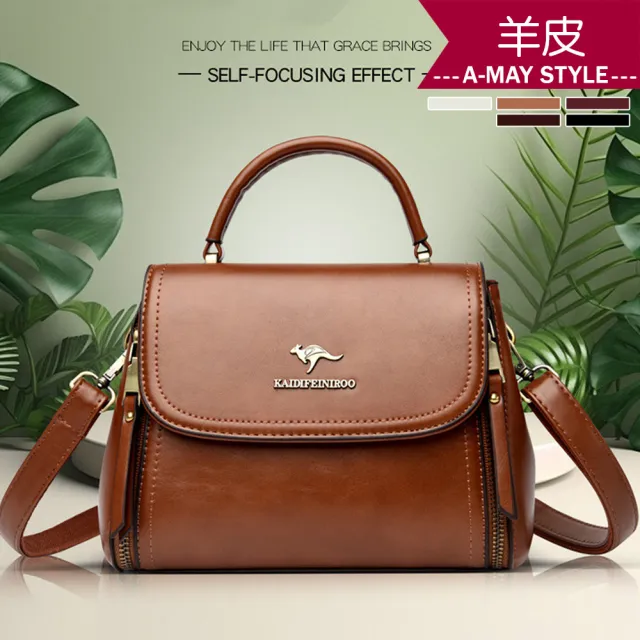 【Amay Style 艾美時尚】女包 真皮包 斜肩包 極簡復古羊皮LOGO手提肩背方包(5色.預購)