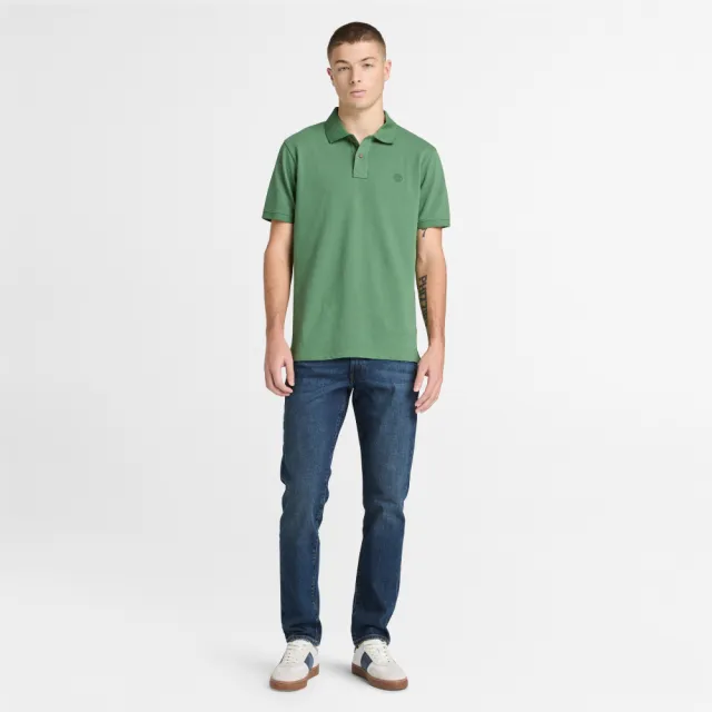【Timberland】男款綠色休閒短袖Polo衫(A24H2A6Z)