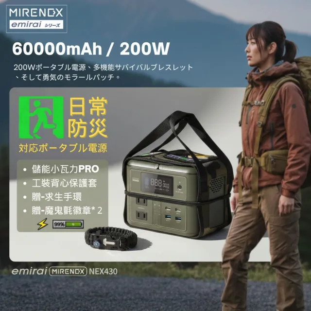 【MIRENEX】emirai儲能小瓦力PRO+背心保護套戰術組(200W手掌大儲能小電站|防災露營)